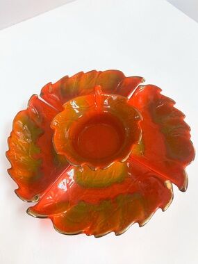 Vintage Leaf Chip Dip Serving Set Orange Gold 5 Piece